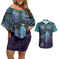 Personalised New Zealand Suicide Prevention Month Couples Matching Off Shoulder Short Dress and Hawaiian Shirt Maori Mauri Tu Mauri Ora Polynesian Pattern LT22 Teal - Polynesian Pride