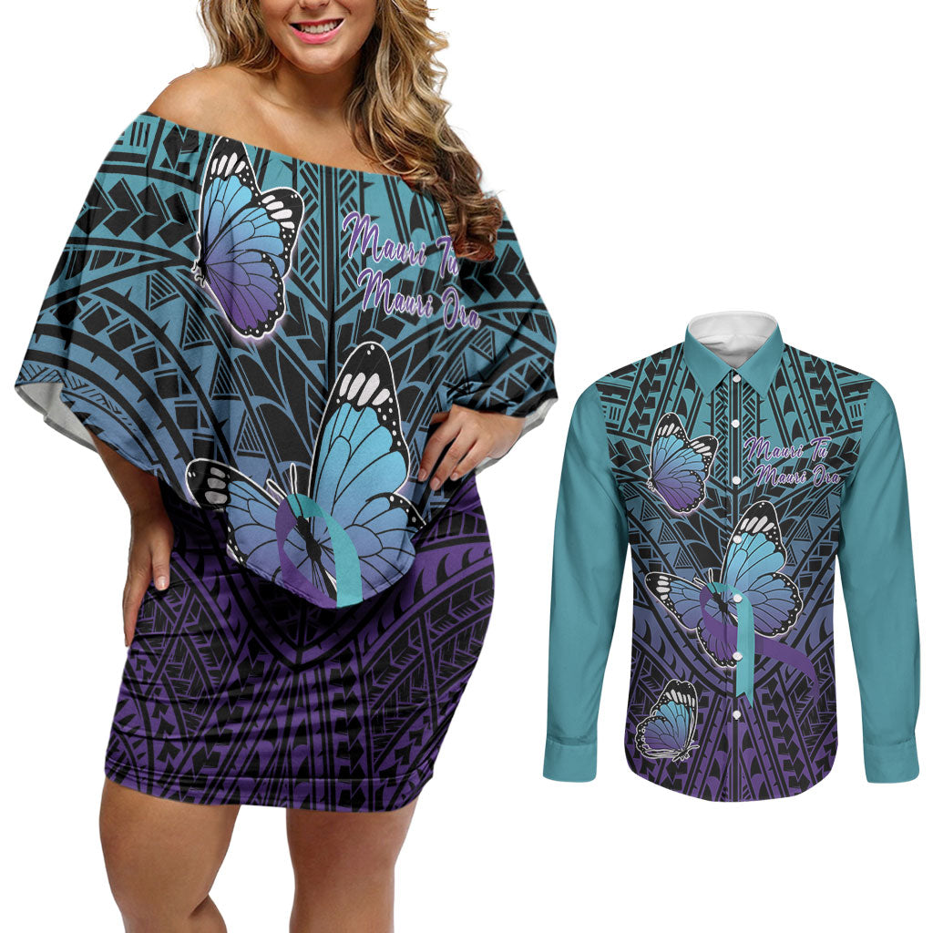 Personalised New Zealand Suicide Prevention Month Couples Matching Off Shoulder Short Dress and Long Sleeve Button Shirt Maori Mauri Tu Mauri Ora Polynesian Pattern LT22 Teal - Polynesian Pride