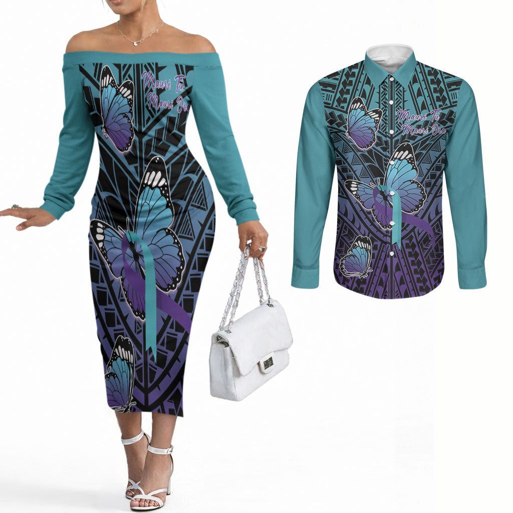 Personalised New Zealand Suicide Prevention Month Couples Matching Off The Shoulder Long Sleeve Dress and Long Sleeve Button Shirt Maori Mauri Tu Mauri Ora Polynesian Pattern LT22 Teal - Polynesian Pride