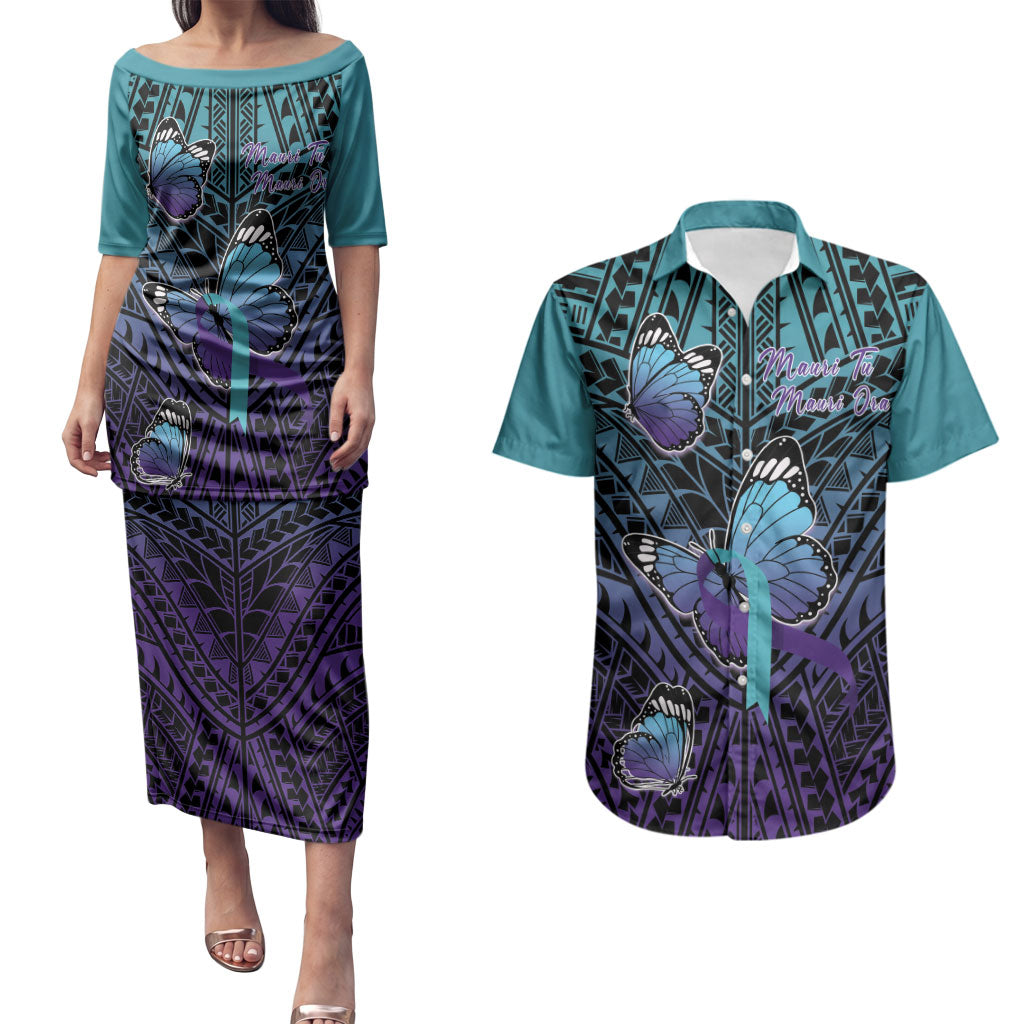 Personalised New Zealand Suicide Prevention Month Couples Matching Puletasi and Hawaiian Shirt Maori Mauri Tu Mauri Ora Polynesian Pattern LT22 Teal - Polynesian Pride