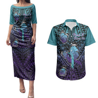 Personalised New Zealand Suicide Prevention Month Couples Matching Puletasi and Hawaiian Shirt Maori Mauri Tu Mauri Ora Polynesian Pattern LT22 Teal - Polynesian Pride