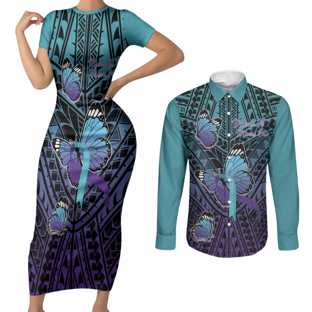 Personalised New Zealand Suicide Prevention Month Couples Matching Short Sleeve Bodycon Dress and Long Sleeve Button Shirt Maori Mauri Tu Mauri Ora Polynesian Pattern LT22 Teal - Polynesian Pride