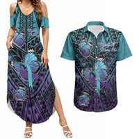 Personalised New Zealand Suicide Prevention Month Couples Matching Summer Maxi Dress and Hawaiian Shirt Maori Mauri Tu Mauri Ora Polynesian Pattern LT22 Teal - Polynesian Pride