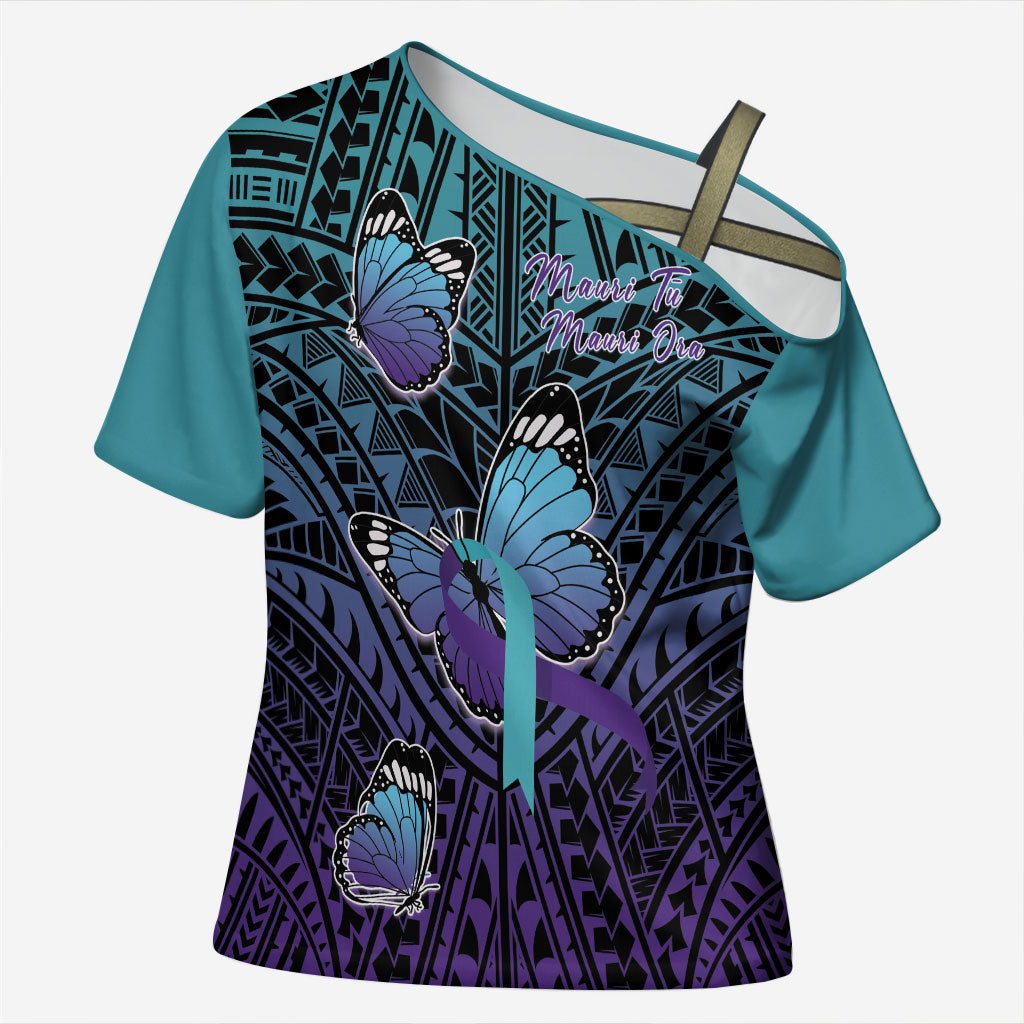 Personalised New Zealand Suicide Prevention Month Cross Shoulder Shirt Maori Mauri Tu Mauri Ora Polynesian Pattern LT22 Female Teal - Polynesian Pride