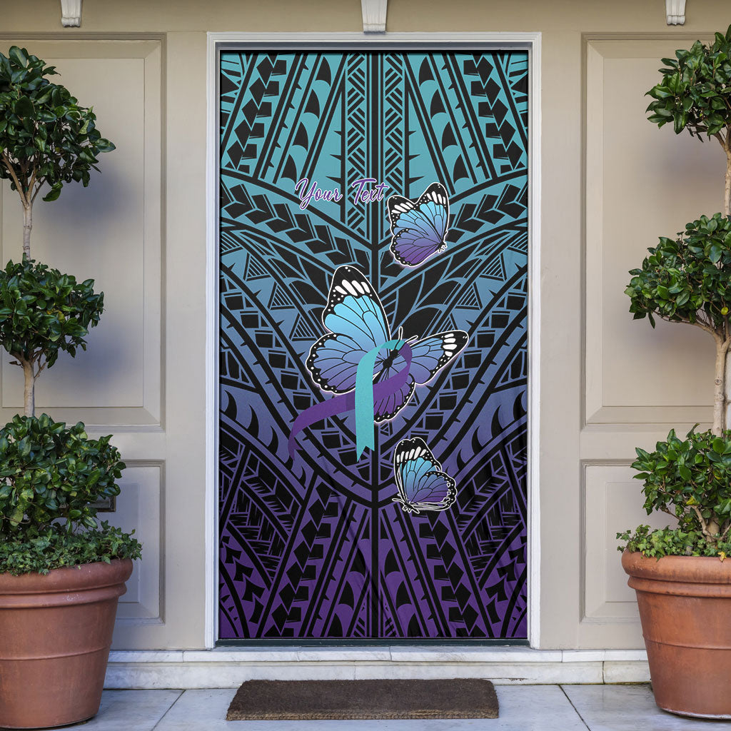 Personalised New Zealand Suicide Prevention Month Door Cover Maori Mauri Tu Mauri Ora Polynesian Pattern LT22 Teal - Polynesian Pride