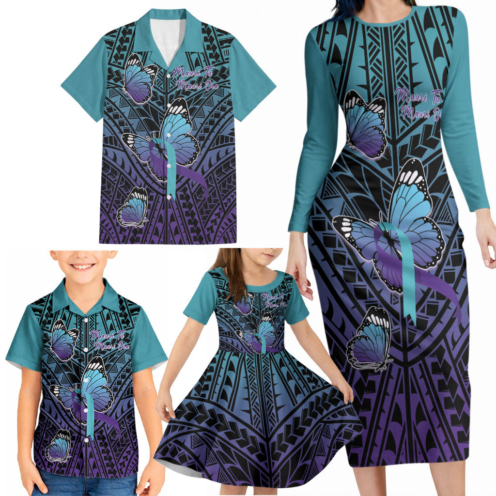 Personalised New Zealand Suicide Prevention Month Family Matching Long Sleeve Bodycon Dress and Hawaiian Shirt Maori Mauri Tu Mauri Ora Polynesian Pattern LT22 - Polynesian Pride