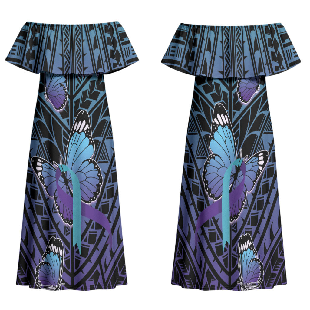 Personalised New Zealand Suicide Prevention Month Family Matching Off Shoulder Maxi Dress and Hawaiian Shirt Maori Mauri Tu Mauri Ora Polynesian Pattern LT22 Mom's Dress Teal - Polynesian Pride