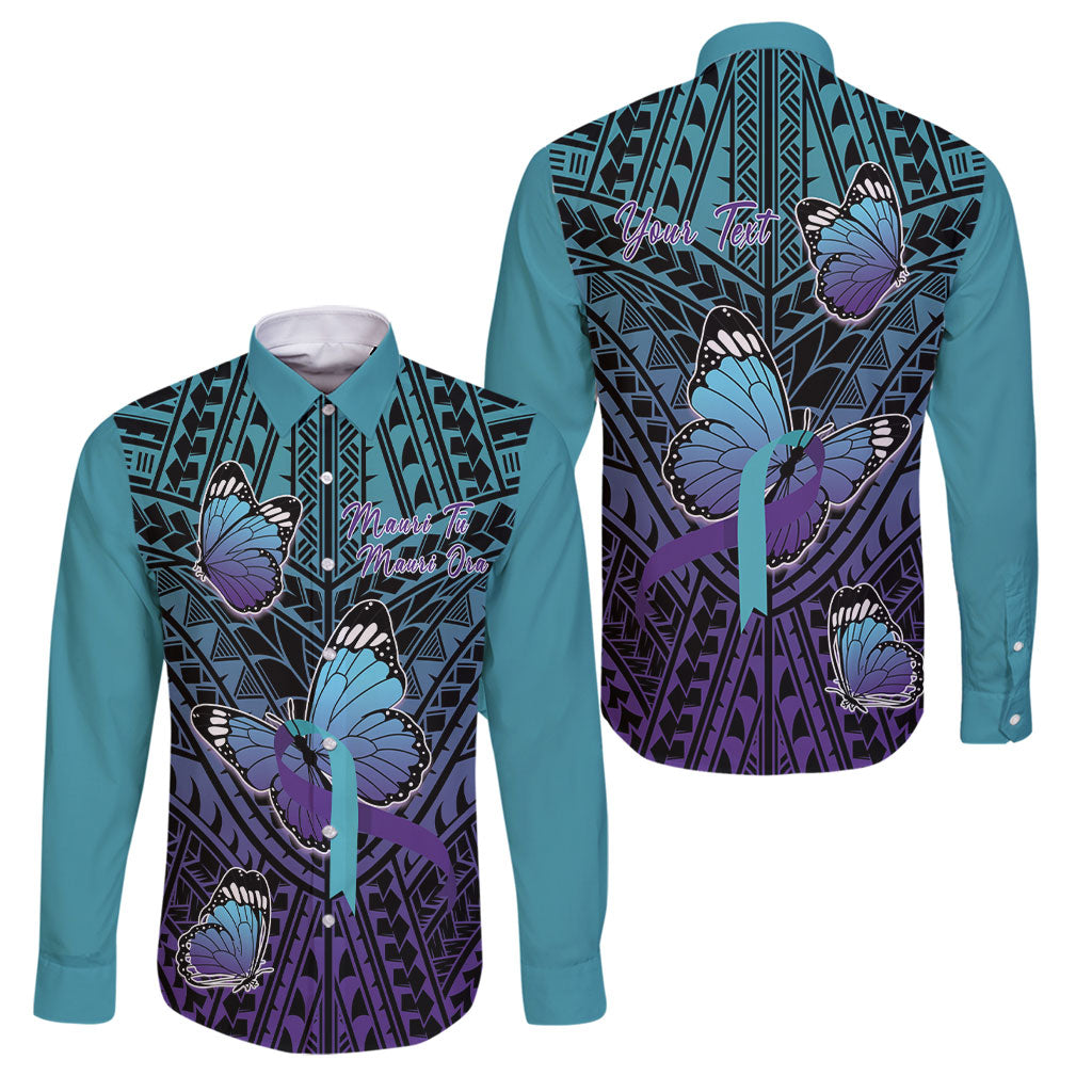 Personalised New Zealand Suicide Prevention Month Family Matching Off Shoulder Maxi Dress and Hawaiian Shirt Maori Mauri Tu Mauri Ora Polynesian Pattern LT22 Dad's Shirt - Long Sleeve Teal - Polynesian Pride