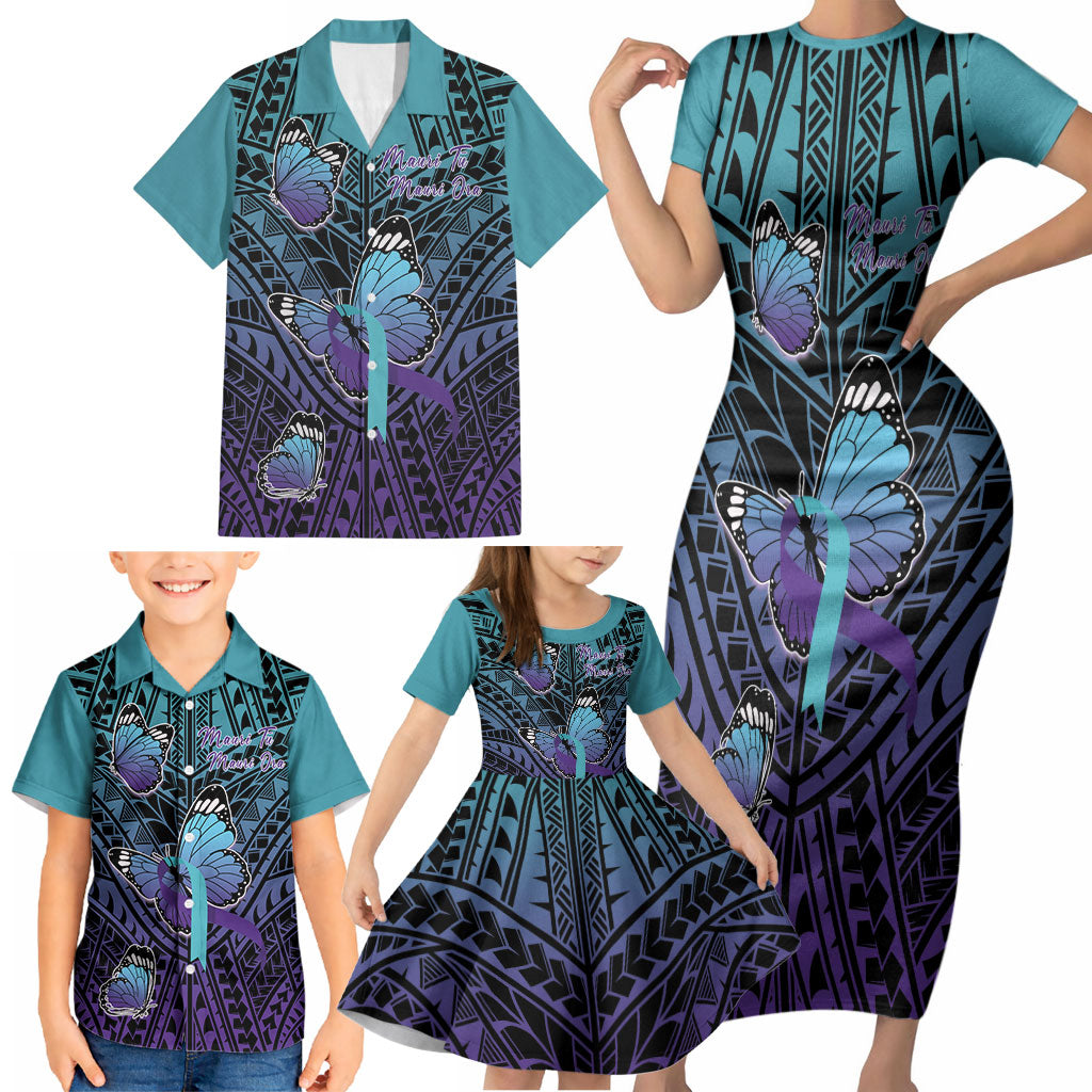 Personalised New Zealand Suicide Prevention Month Family Matching Short Sleeve Bodycon Dress and Hawaiian Shirt Maori Mauri Tu Mauri Ora Polynesian Pattern LT22 - Polynesian Pride