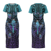 Personalised New Zealand Suicide Prevention Month Family Matching Short Sleeve Bodycon Dress and Hawaiian Shirt Maori Mauri Tu Mauri Ora Polynesian Pattern LT22 Mom's Dress Teal - Polynesian Pride