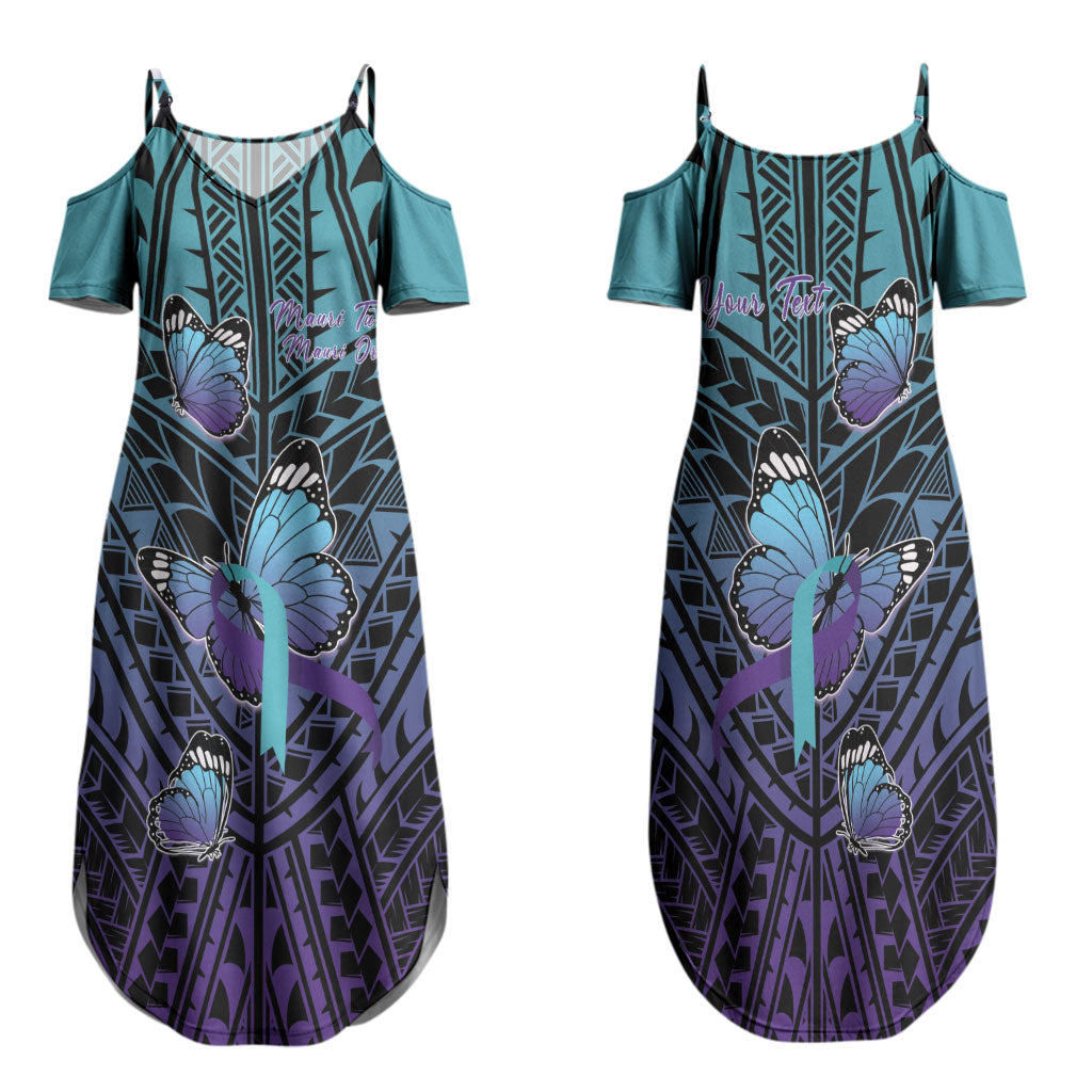 Personalised New Zealand Suicide Prevention Month Family Matching Summer Maxi Dress and Hawaiian Shirt Maori Mauri Tu Mauri Ora Polynesian Pattern LT22 Mom's Dress Teal - Polynesian Pride