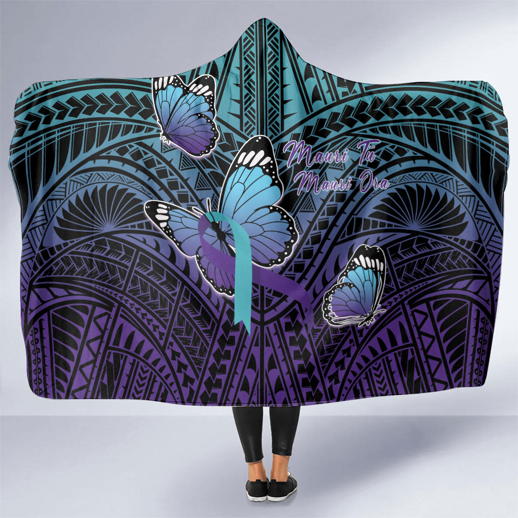 New Zealand Suicide Prevention Month Hooded Blanket Maori Mauri Tu Mauri Ora Polynesian Pattern LT22 One Size Teal - Polynesian Pride