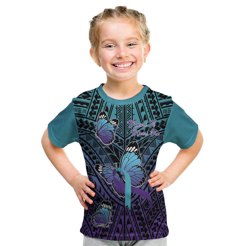Personalised New Zealand Suicide Prevention Month Kid T Shirt Maori Mauri Tu Mauri Ora Polynesian Pattern LT22 Teal - Polynesian Pride