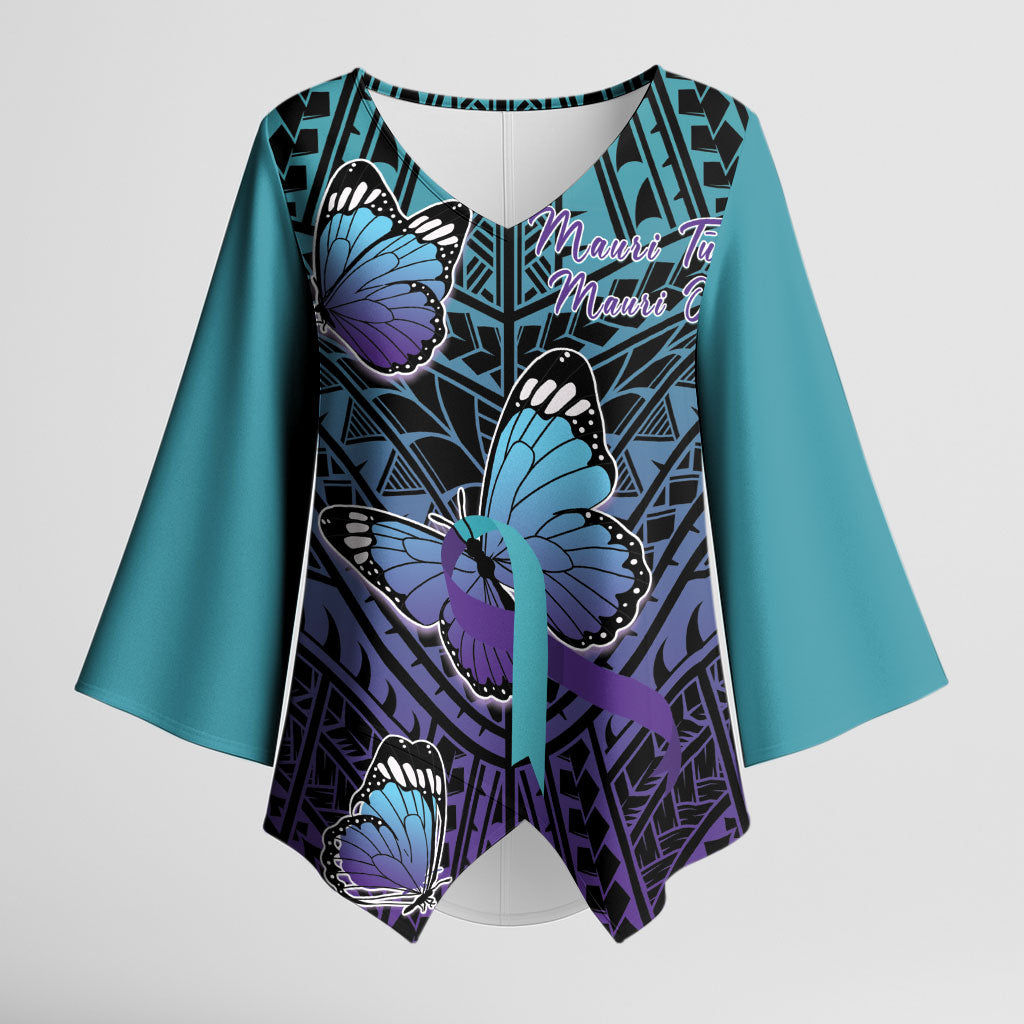 Personalised New Zealand Suicide Prevention Month Kimono Sleeve Blouse Maori Mauri Tu Mauri Ora Polynesian Pattern LT22 Female Teal - Polynesian Pride