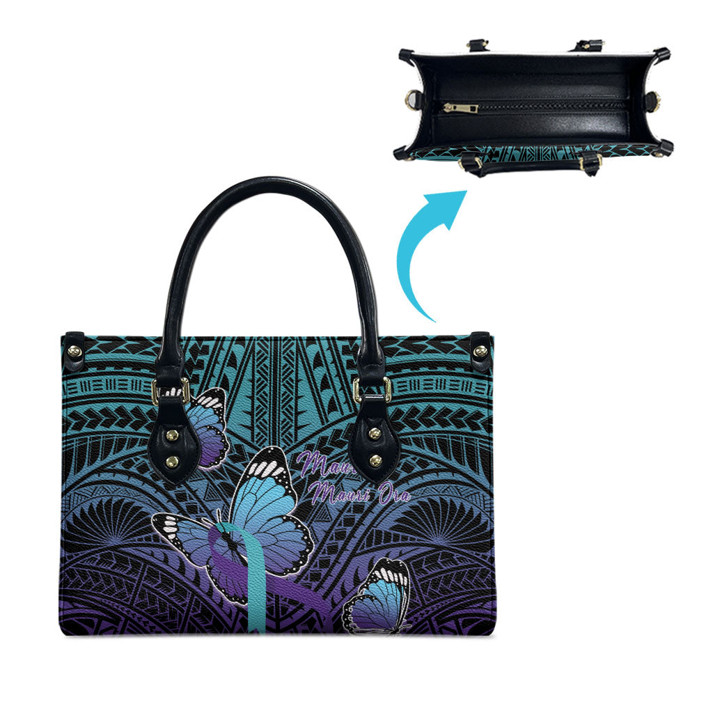 New Zealand Suicide Prevention Month Leather Bag Maori Mauri Tu Mauri Ora Polynesian Pattern LT22 - Polynesian Pride