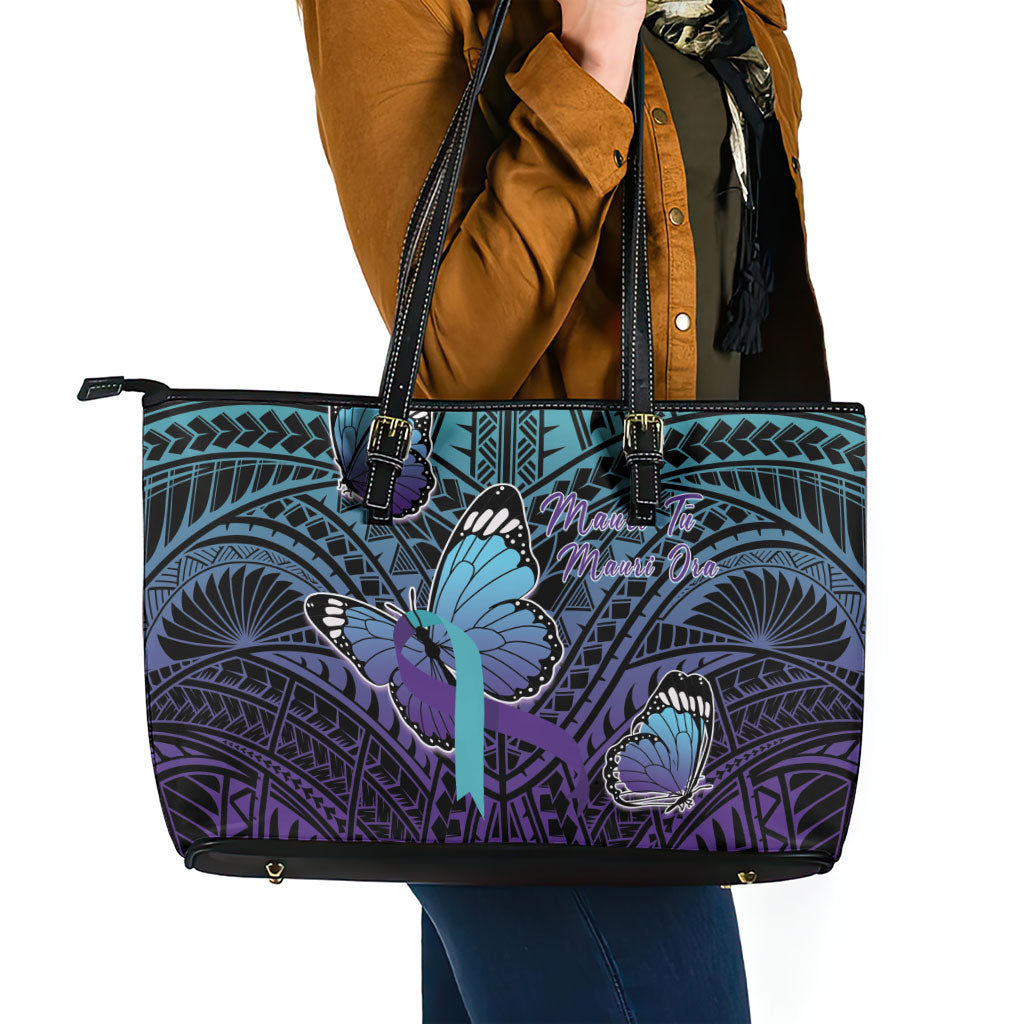 New Zealand Suicide Prevention Month Leather Tote Bag Maori Mauri Tu Mauri Ora Polynesian Pattern LT22 - Polynesian Pride