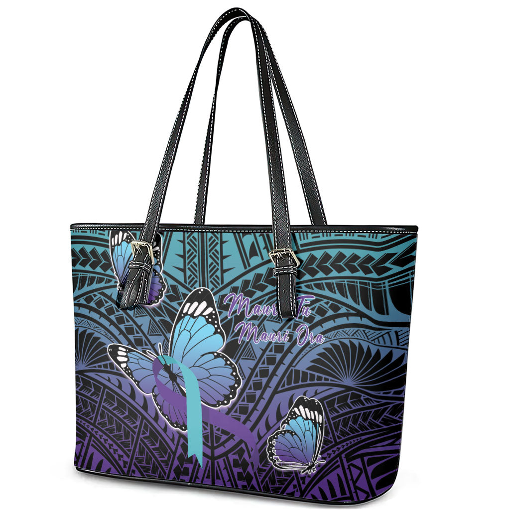 New Zealand Suicide Prevention Month Leather Tote Bag Maori Mauri Tu Mauri Ora Polynesian Pattern LT22 - Polynesian Pride