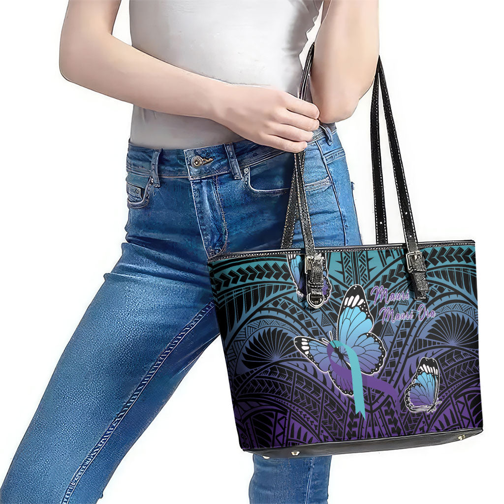 New Zealand Suicide Prevention Month Leather Tote Bag Maori Mauri Tu Mauri Ora Polynesian Pattern LT22 - Polynesian Pride