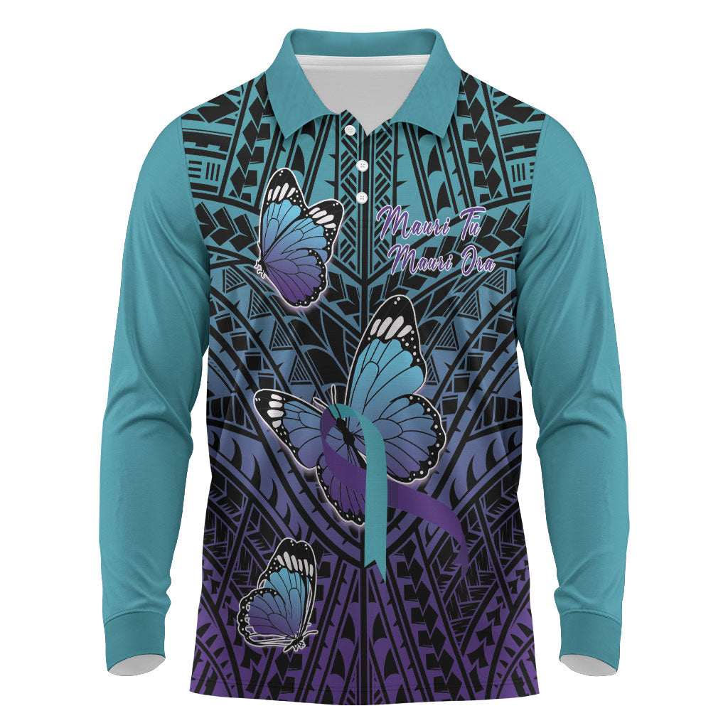Personalised New Zealand Suicide Prevention Month Long Sleeve Polo Shirt Maori Mauri Tu Mauri Ora Polynesian Pattern LT22 Teal - Polynesian Pride