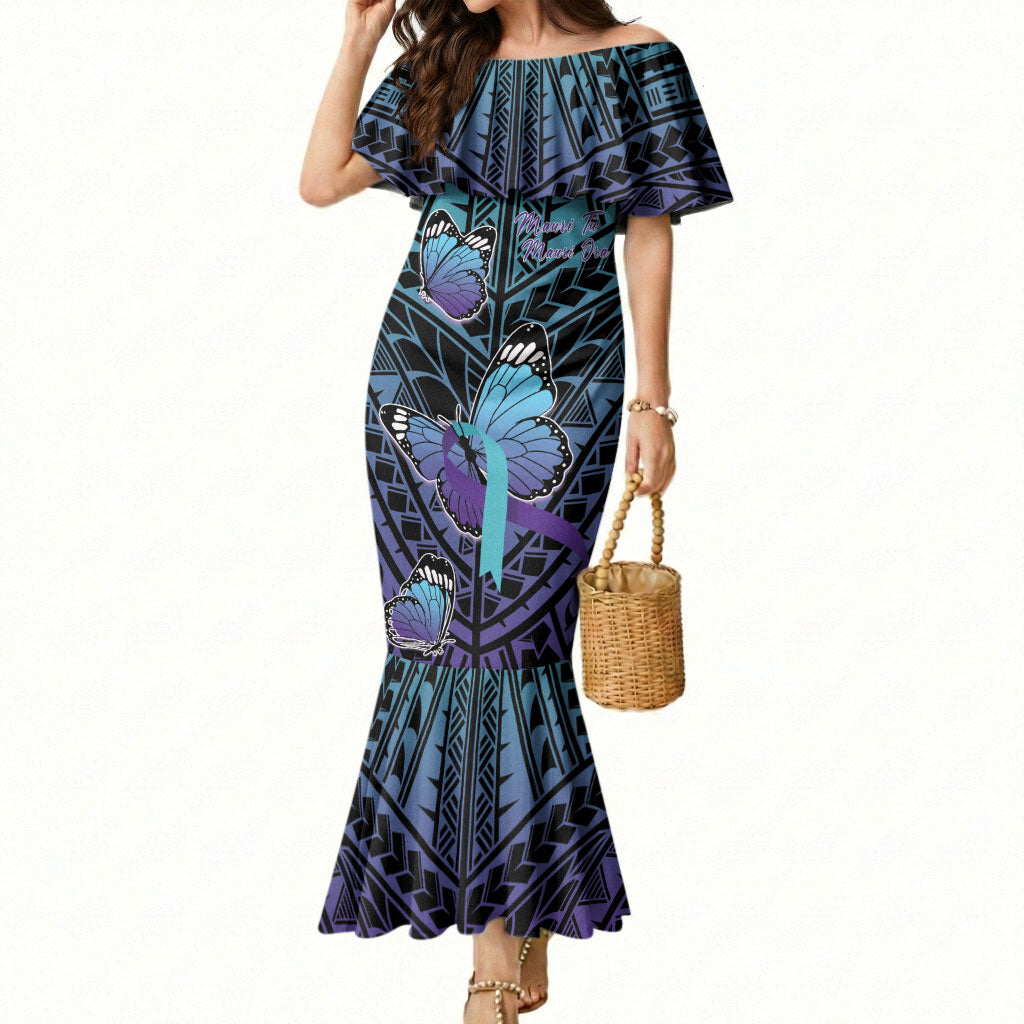 Personalised New Zealand Suicide Prevention Month Mermaid Dress Maori Mauri Tu Mauri Ora Polynesian Pattern LT22 Women Teal - Polynesian Pride