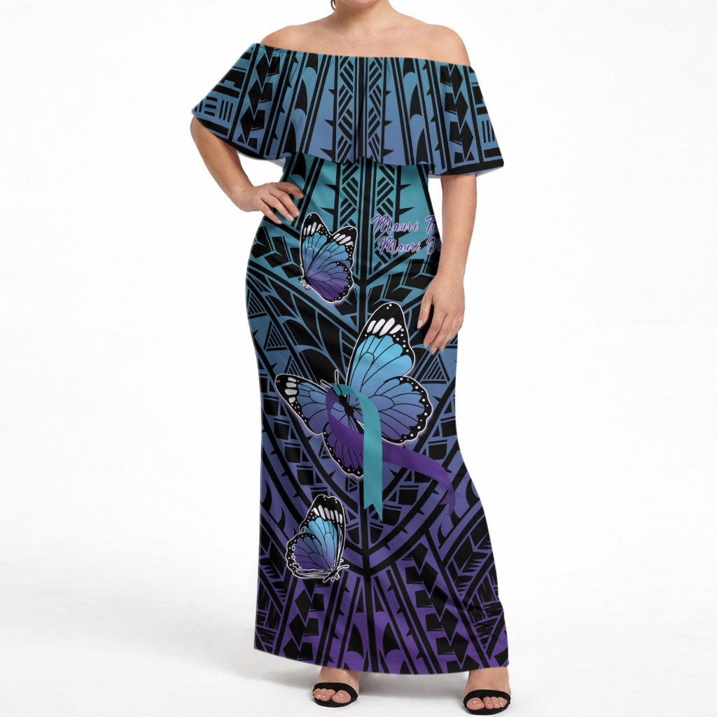 Personalised New Zealand Suicide Prevention Month Off Shoulder Maxi Dress Maori Mauri Tu Mauri Ora Polynesian Pattern LT22 Women Teal - Polynesian Pride