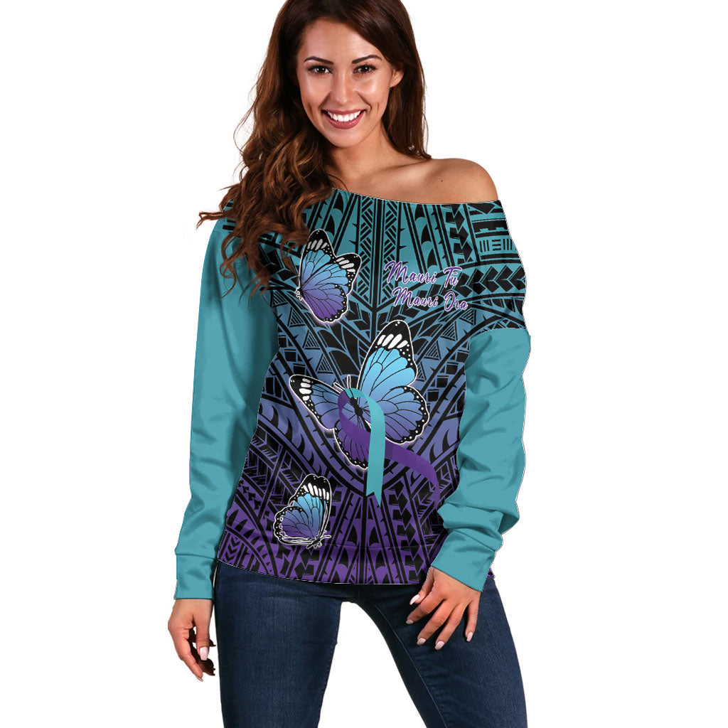 Personalised New Zealand Suicide Prevention Month Off Shoulder Sweater Maori Mauri Tu Mauri Ora Polynesian Pattern LT22 Women Teal - Polynesian Pride