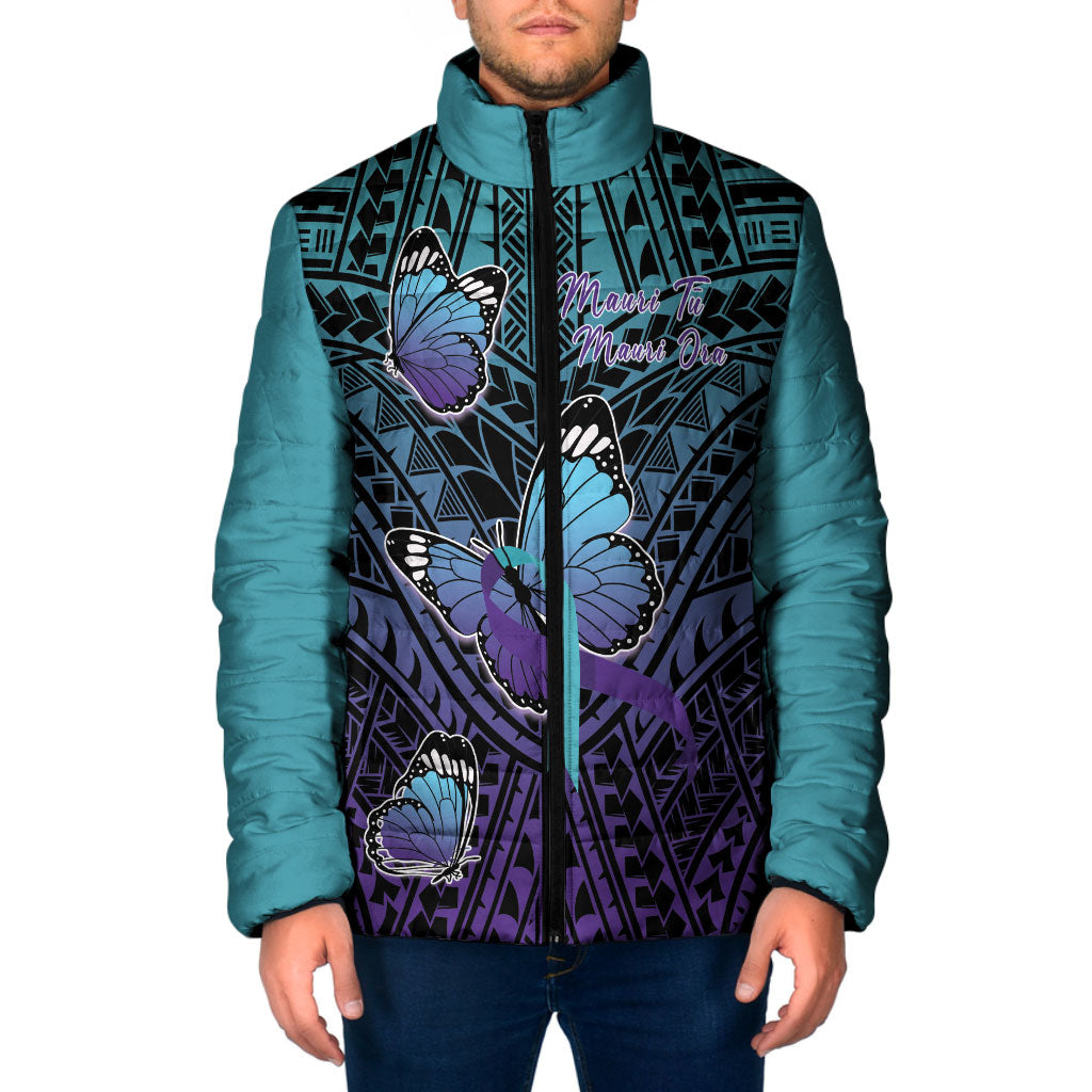 Personalised New Zealand Suicide Prevention Month Padded Jacket Maori Mauri Tu Mauri Ora Polynesian Pattern LT22 Men Teal - Polynesian Pride