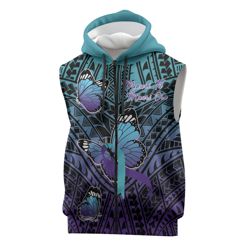 Personalised New Zealand Suicide Prevention Month Sleeveless Zip Hoodie Maori Mauri Tu Mauri Ora Polynesian Pattern LT22 Teal - Polynesian Pride