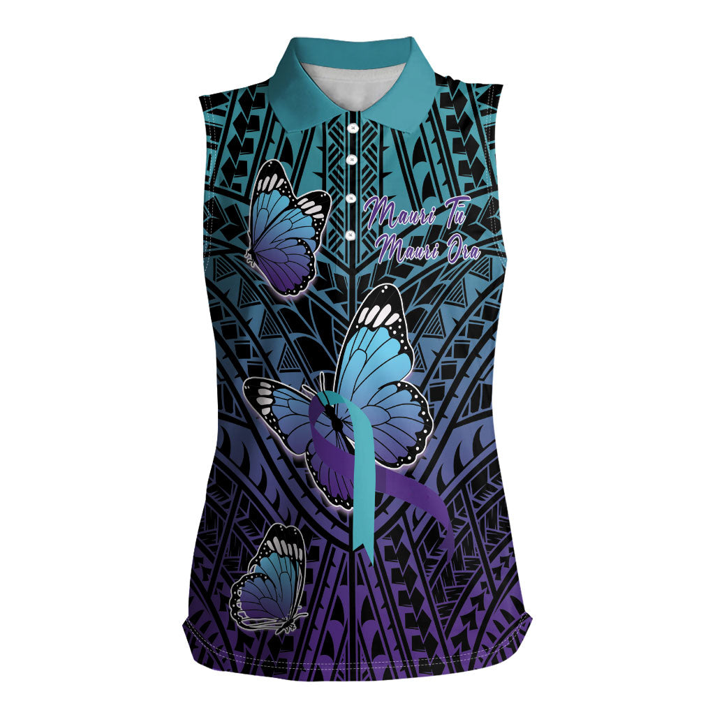 Personalised New Zealand Suicide Prevention Month Women Sleeveless Polo Shirt Maori Mauri Tu Mauri Ora Polynesian Pattern LT22 Female Teal - Polynesian Pride