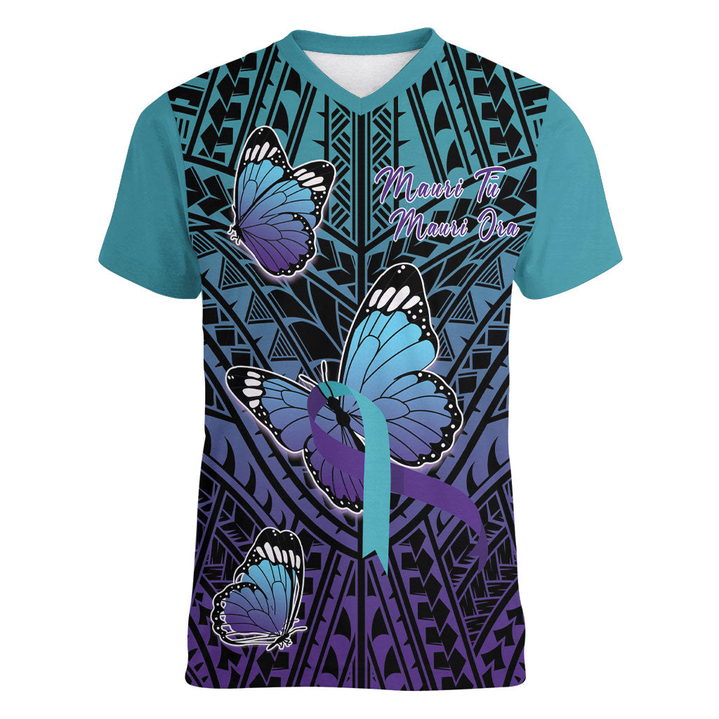 Personalised New Zealand Suicide Prevention Month Women V-Neck T-Shirt Maori Mauri Tu Mauri Ora Polynesian Pattern LT22 Female Teal - Polynesian Pride