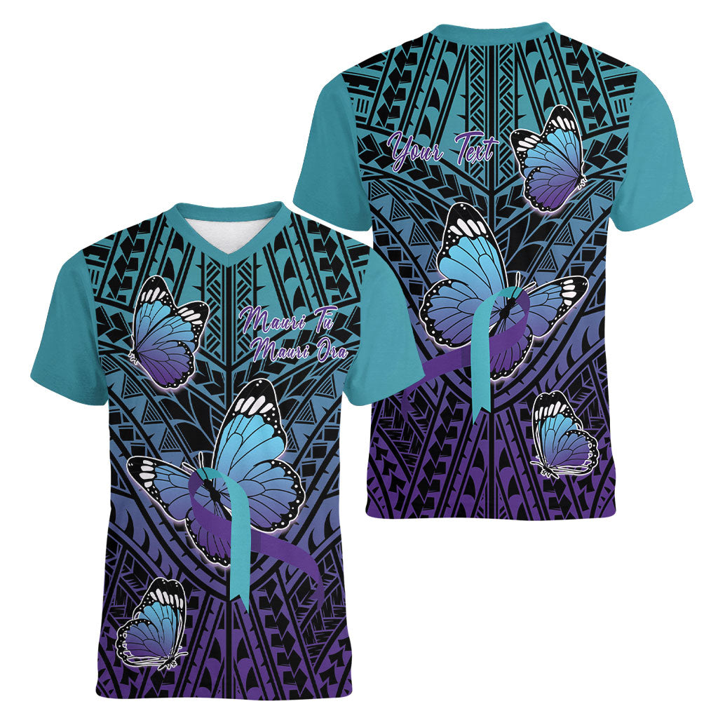 Personalised New Zealand Suicide Prevention Month Women V-Neck T-Shirt Maori Mauri Tu Mauri Ora Polynesian Pattern LT22 - Polynesian Pride