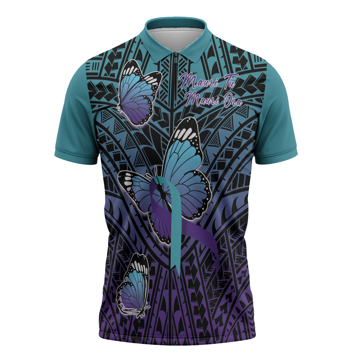 Personalised New Zealand Suicide Prevention Month Zipper Polo Shirt Maori Mauri Tu Mauri Ora Polynesian Pattern LT22 Teal - Polynesian Pride