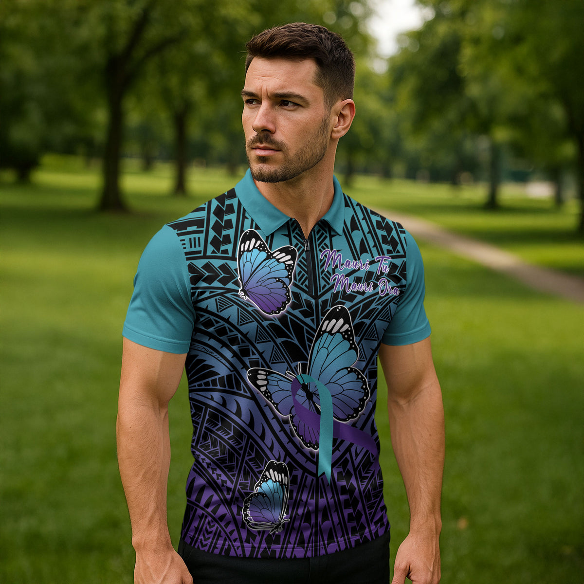 Personalised New Zealand Suicide Prevention Month Zipper Polo Shirt Maori Mauri Tu Mauri Ora Polynesian Pattern LT22 - Polynesian Pride
