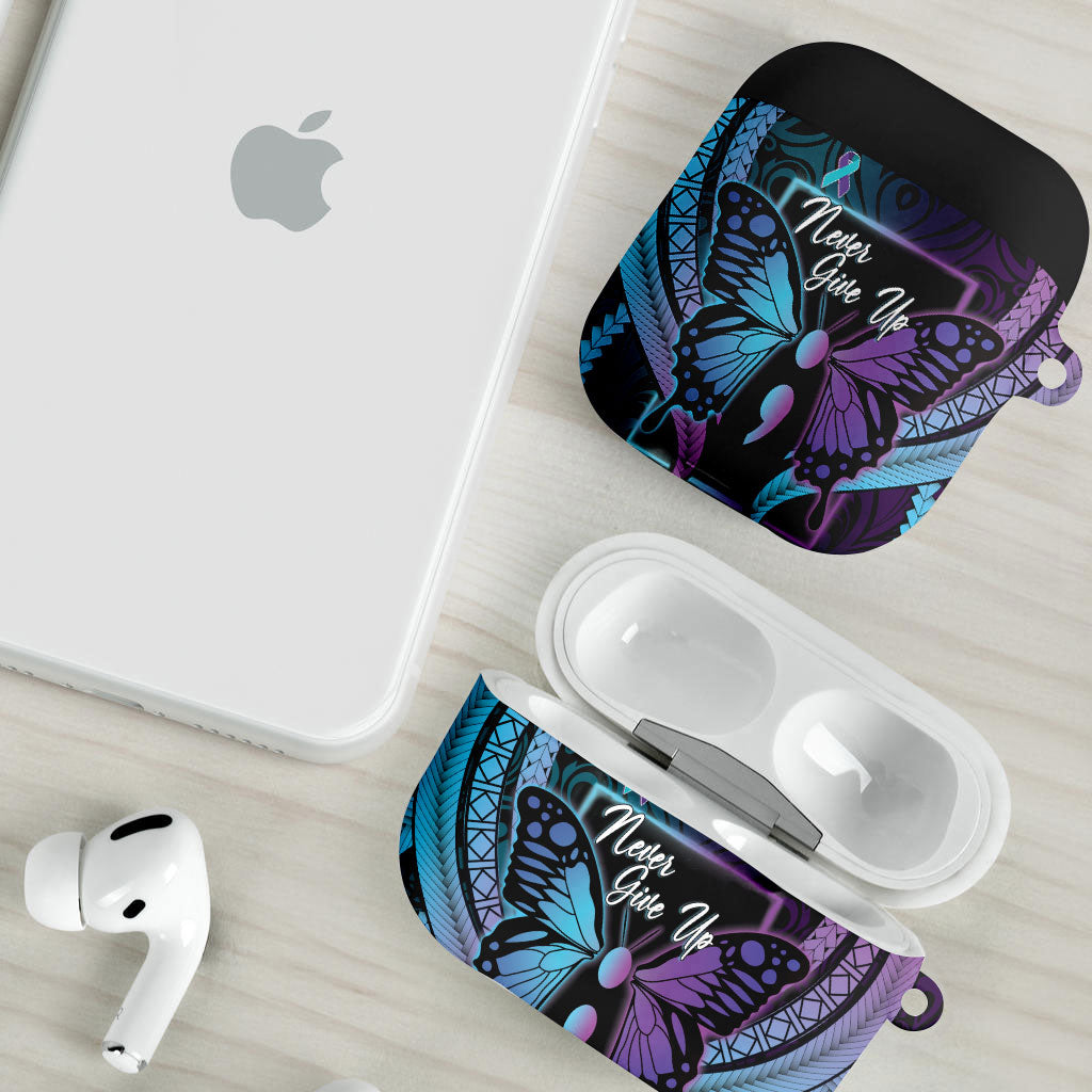 Polynesia Suicide Prevention Month AirPods Case Semicolon Butterfly Never Give Up Polynesian Pattern LT22 - Polynesian Pride