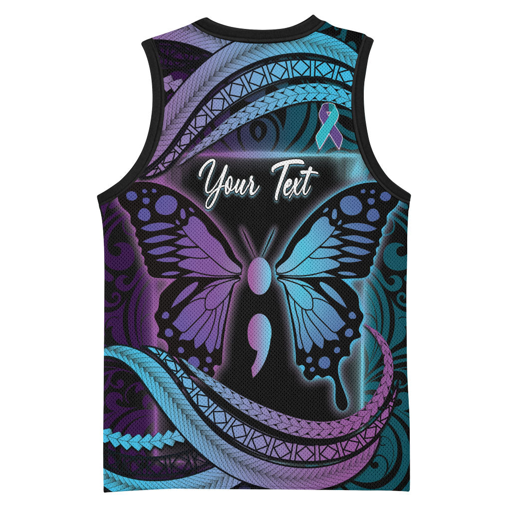 Personalised Polynesia Suicide Prevention Month Basketball Jersey Semicolon Butterfly Never Give Up Polynesian Pattern LT22 - Polynesian Pride