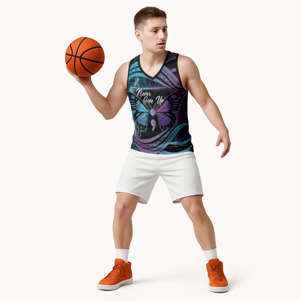 Personalised Polynesia Suicide Prevention Month Basketball Jersey Semicolon Butterfly Never Give Up Polynesian Pattern LT22 - Polynesian Pride