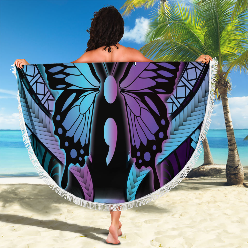 Polynesia Suicide Prevention Month Beach Blanket Semicolon Butterfly Never Give Up Polynesian Pattern LT22 - Polynesian Pride