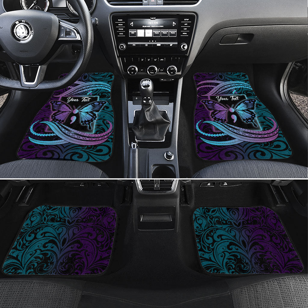 Personalised Polynesia Suicide Prevention Month Car Mats Semicolon Butterfly Never Give Up Polynesian Pattern LT22 Set 4pcs Teal - Polynesian Pride