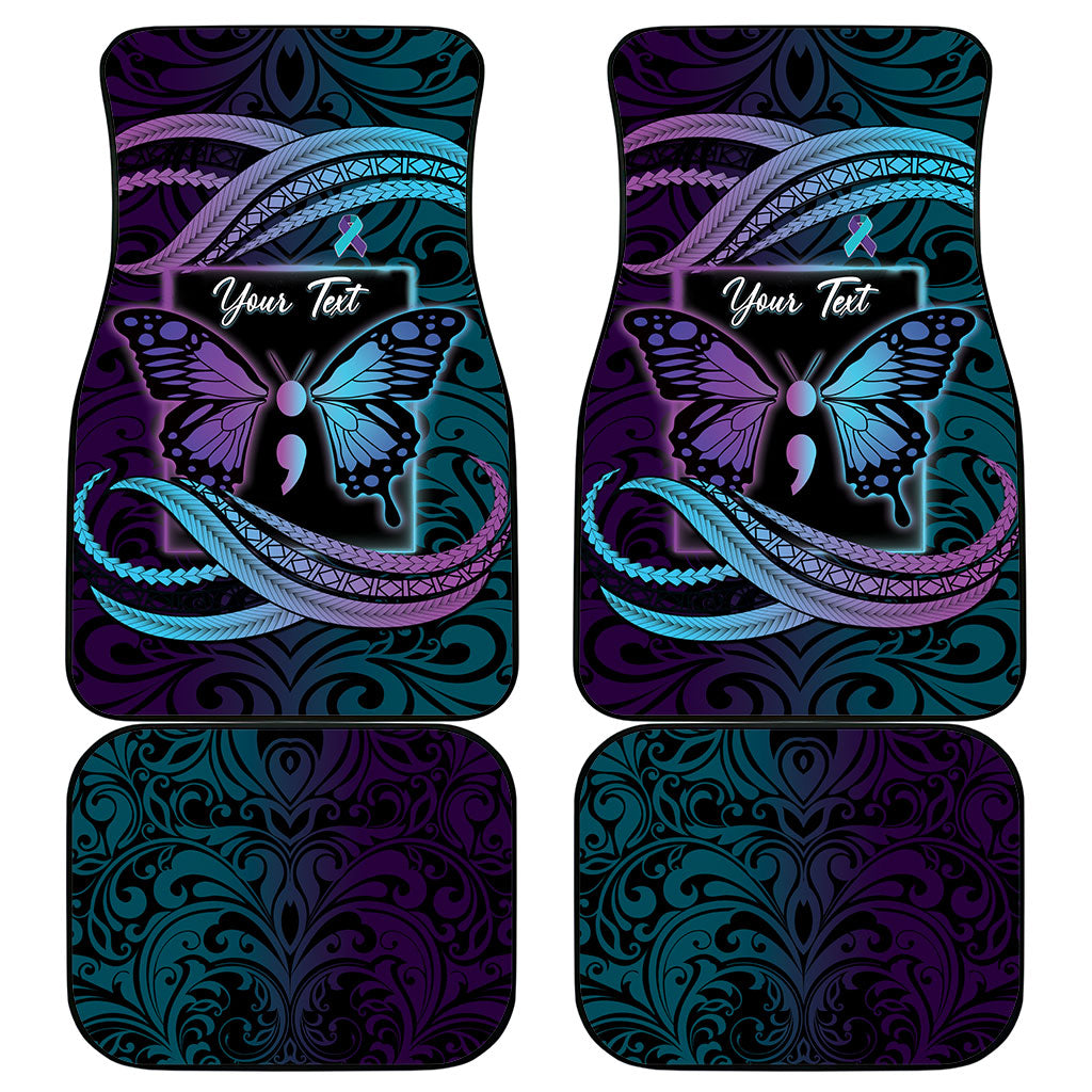 Personalised Polynesia Suicide Prevention Month Car Mats Semicolon Butterfly Never Give Up Polynesian Pattern LT22 - Polynesian Pride