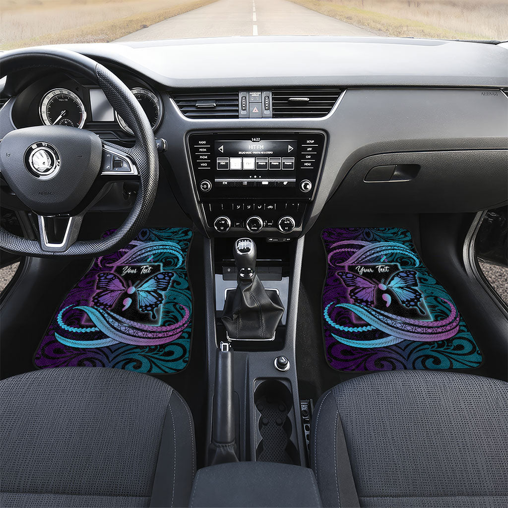 Personalised Polynesia Suicide Prevention Month Car Mats Semicolon Butterfly Never Give Up Polynesian Pattern LT22 Set 2pcs - Front Teal - Polynesian Pride