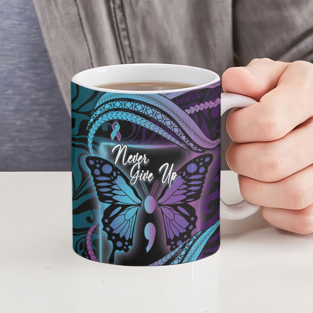 Personalised Polynesia Suicide Prevention Month Ceramic Mug Semicolon Butterfly Never Give Up Polynesian Pattern LT22 - Polynesian Pride
