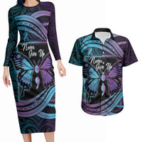 Personalised Polynesia Suicide Prevention Month Couples Matching Long Sleeve Bodycon Dress and Hawaiian Shirt Semicolon Butterfly Never Give Up Polynesian Pattern LT22 Teal - Polynesian Pride