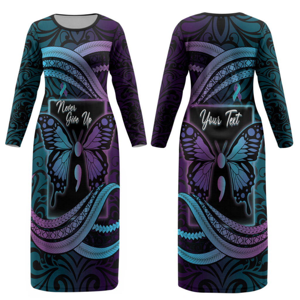 Personalised Polynesia Suicide Prevention Month Couples Matching Long Sleeve Bodycon Dress and Hawaiian Shirt Semicolon Butterfly Never Give Up Polynesian Pattern LT22 - Polynesian Pride