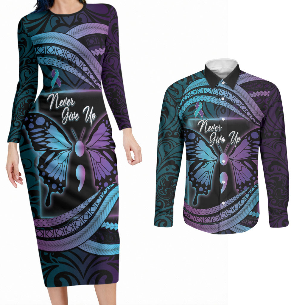 Personalised Polynesia Suicide Prevention Month Couples Matching Long Sleeve Bodycon Dress and Long Sleeve Button Shirt Semicolon Butterfly Never Give Up Polynesian Pattern LT22 Teal - Polynesian Pride