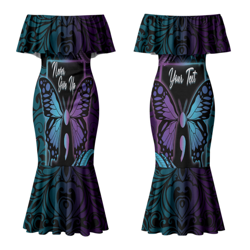 Personalised Polynesia Suicide Prevention Month Couples Matching Mermaid Dress and Hawaiian Shirt Semicolon Butterfly Never Give Up Polynesian Pattern LT22 - Polynesian Pride