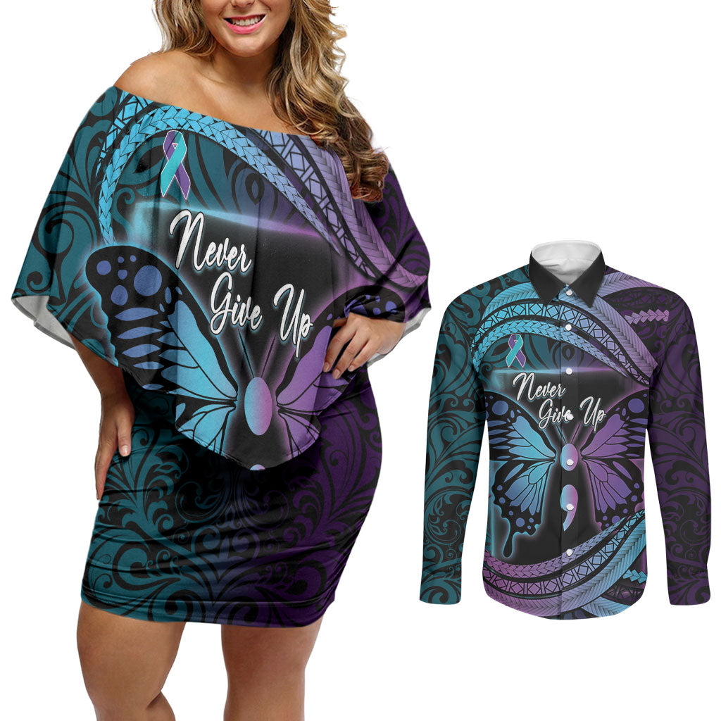 Personalised Polynesia Suicide Prevention Month Couples Matching Off Shoulder Short Dress and Long Sleeve Button Shirt Semicolon Butterfly Never Give Up Polynesian Pattern LT22 Teal - Polynesian Pride
