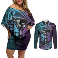 Personalised Polynesia Suicide Prevention Month Couples Matching Off Shoulder Short Dress and Long Sleeve Button Shirt Semicolon Butterfly Never Give Up Polynesian Pattern LT22 Teal - Polynesian Pride