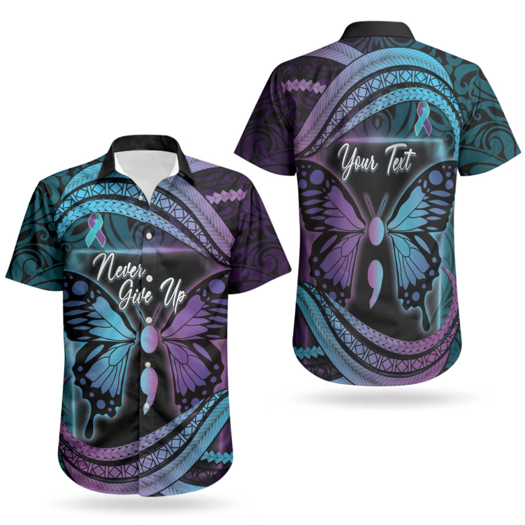 Personalised Polynesia Suicide Prevention Month Couples Matching Off The Shoulder Long Sleeve Dress and Hawaiian Shirt Semicolon Butterfly Never Give Up Polynesian Pattern LT22 - Polynesian Pride