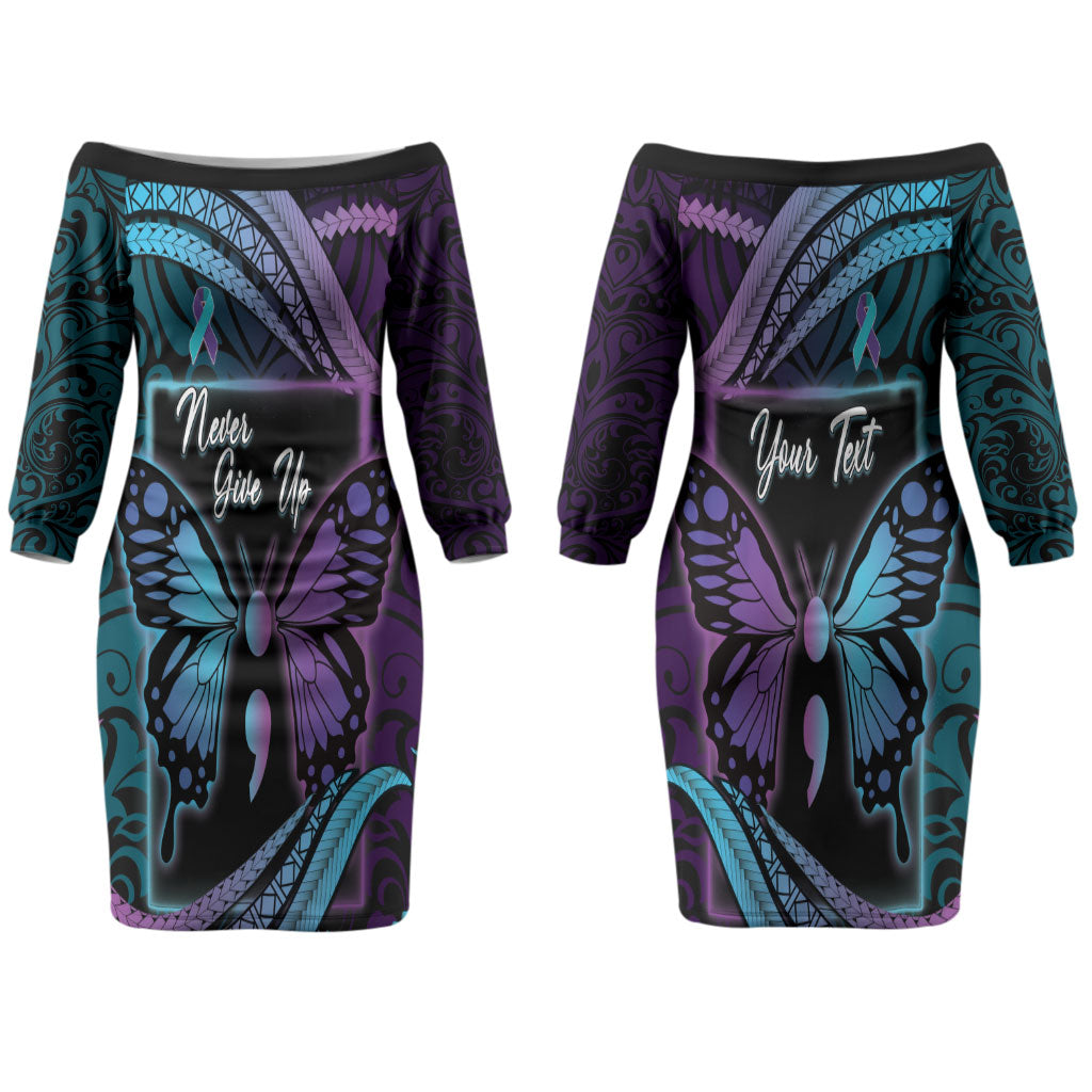 Personalised Polynesia Suicide Prevention Month Couples Matching Off The Shoulder Long Sleeve Dress and Hawaiian Shirt Semicolon Butterfly Never Give Up Polynesian Pattern LT22 - Polynesian Pride