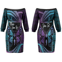 Personalised Polynesia Suicide Prevention Month Couples Matching Off The Shoulder Long Sleeve Dress and Hawaiian Shirt Semicolon Butterfly Never Give Up Polynesian Pattern LT22 - Polynesian Pride